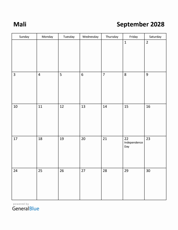 September 2028 Calendar with Mali Holidays