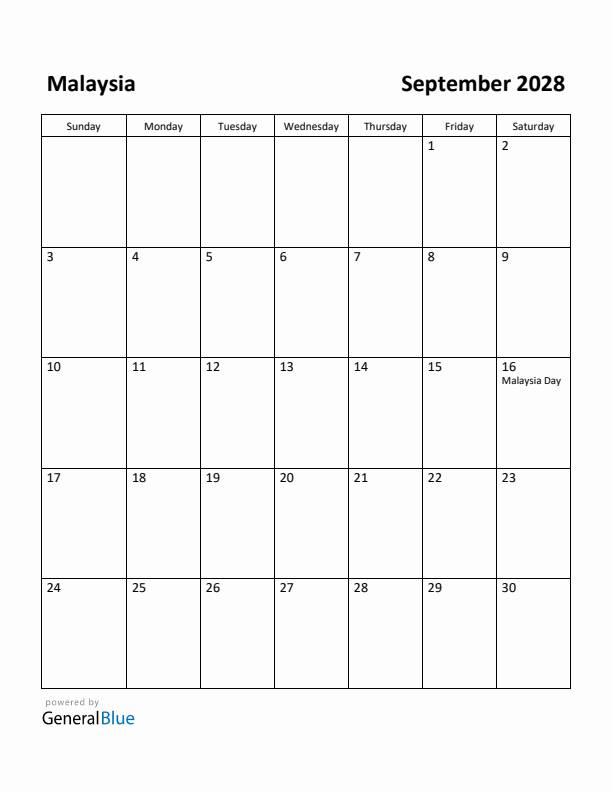 September 2028 Calendar with Malaysia Holidays