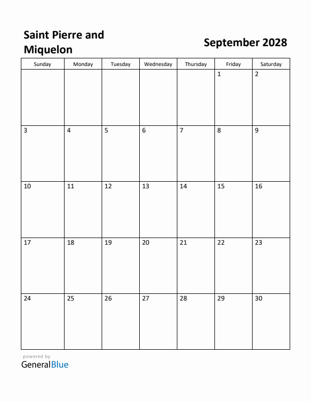 September 2028 Calendar with Saint Pierre and Miquelon Holidays