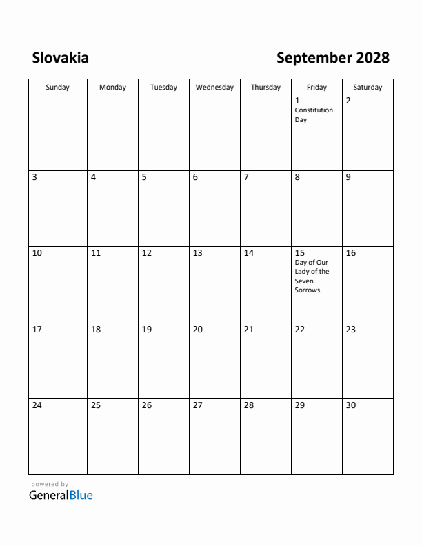 September 2028 Calendar with Slovakia Holidays
