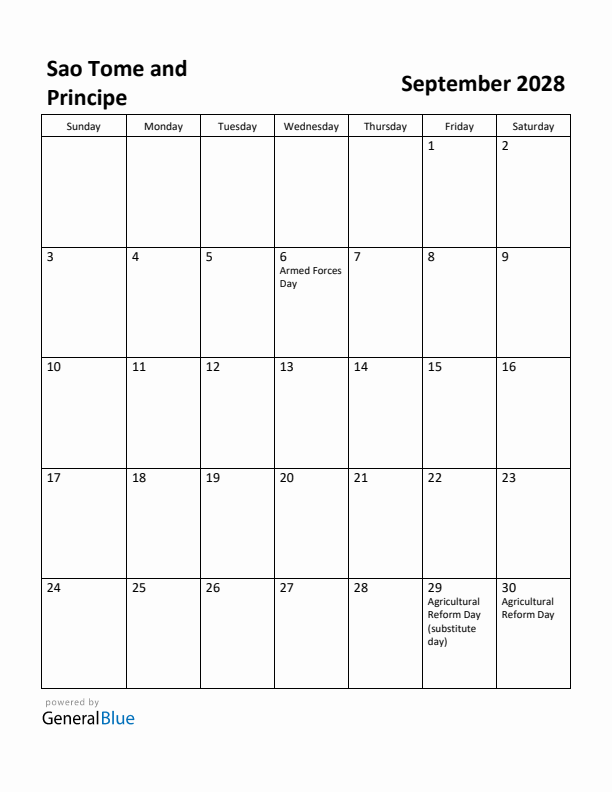September 2028 Calendar with Sao Tome and Principe Holidays
