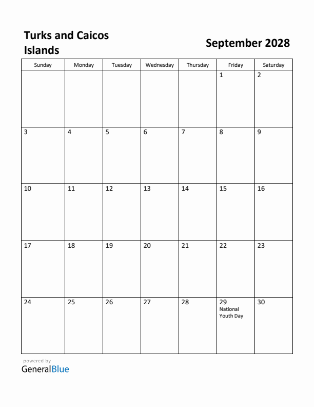 September 2028 Calendar with Turks and Caicos Islands Holidays
