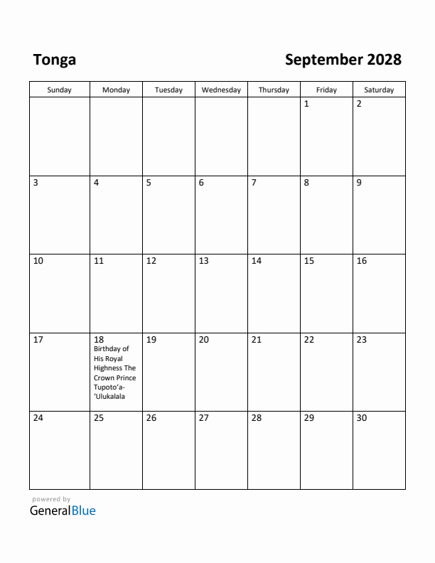 September 2028 Calendar with Tonga Holidays