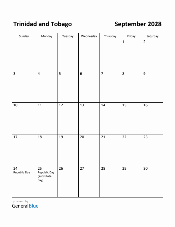 September 2028 Calendar with Trinidad and Tobago Holidays