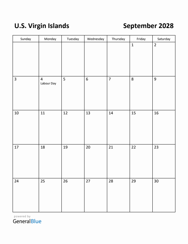 September 2028 Calendar with U.S. Virgin Islands Holidays