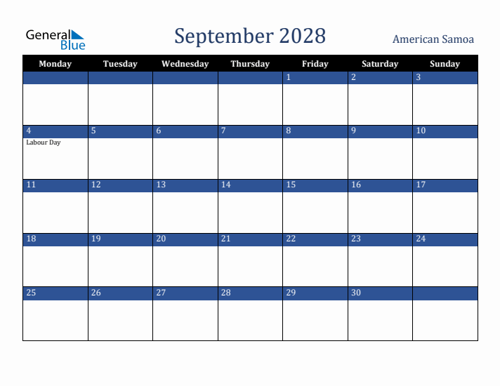 September 2028 American Samoa Calendar (Monday Start)