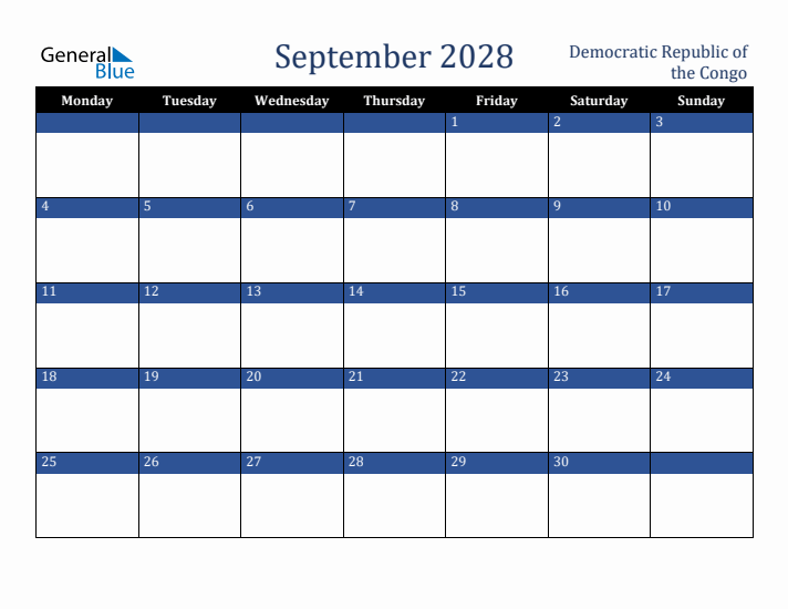 September 2028 Democratic Republic of the Congo Calendar (Monday Start)