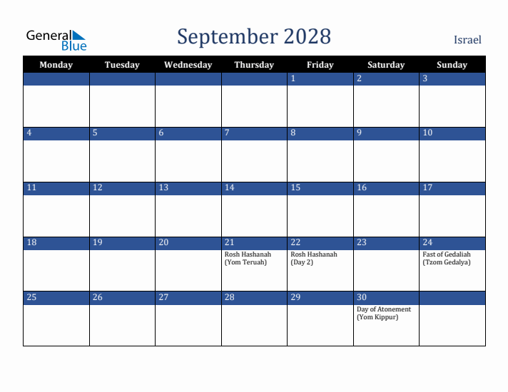 September 2028 Israel Calendar (Monday Start)
