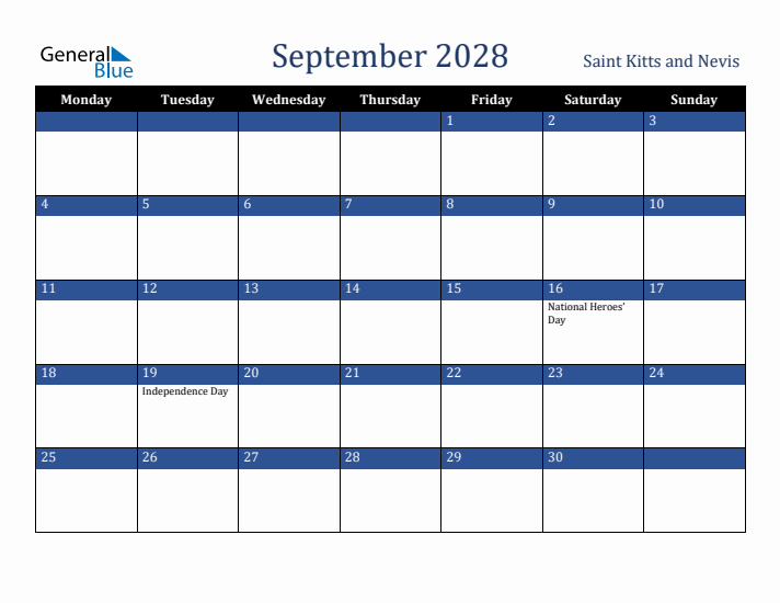 September 2028 Saint Kitts and Nevis Calendar (Monday Start)