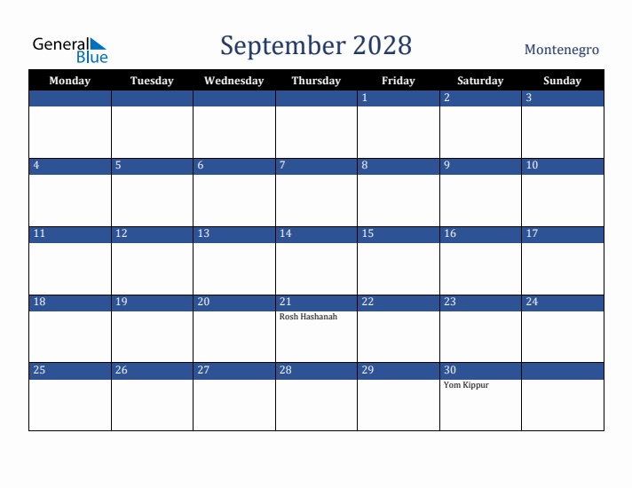September 2028 Montenegro Calendar (Monday Start)