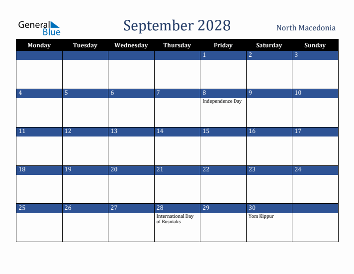 September 2028 North Macedonia Calendar (Monday Start)