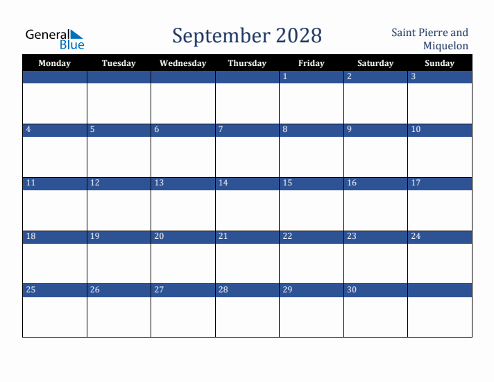 September 2028 Saint Pierre and Miquelon Calendar (Monday Start)