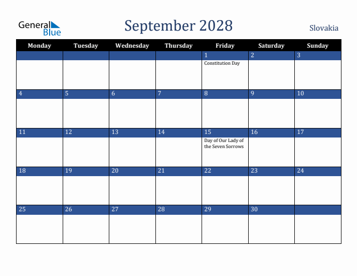 September 2028 Slovakia Calendar (Monday Start)