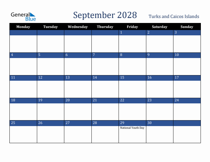 September 2028 Turks and Caicos Islands Calendar (Monday Start)