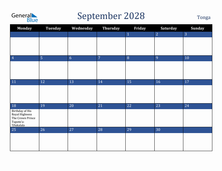 September 2028 Tonga Calendar (Monday Start)