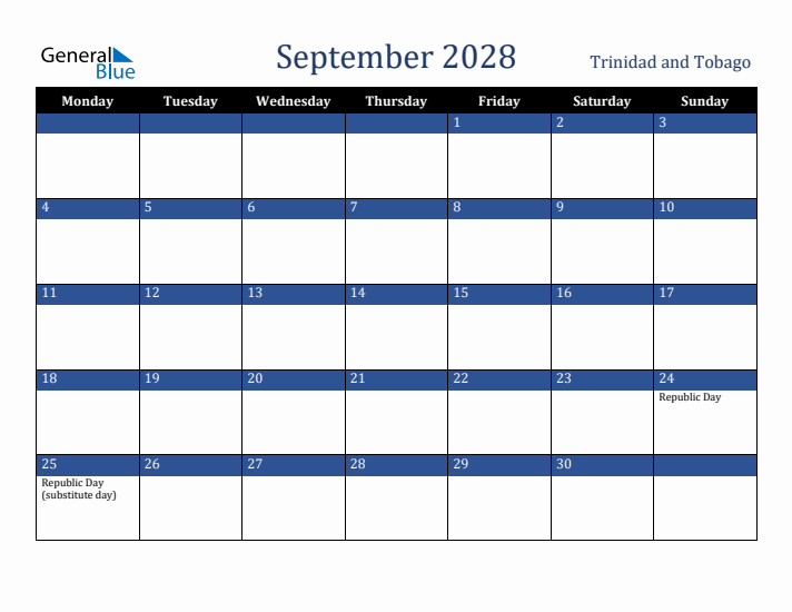September 2028 Trinidad and Tobago Calendar (Monday Start)
