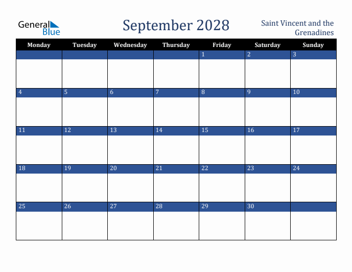 September 2028 Saint Vincent and the Grenadines Calendar (Monday Start)
