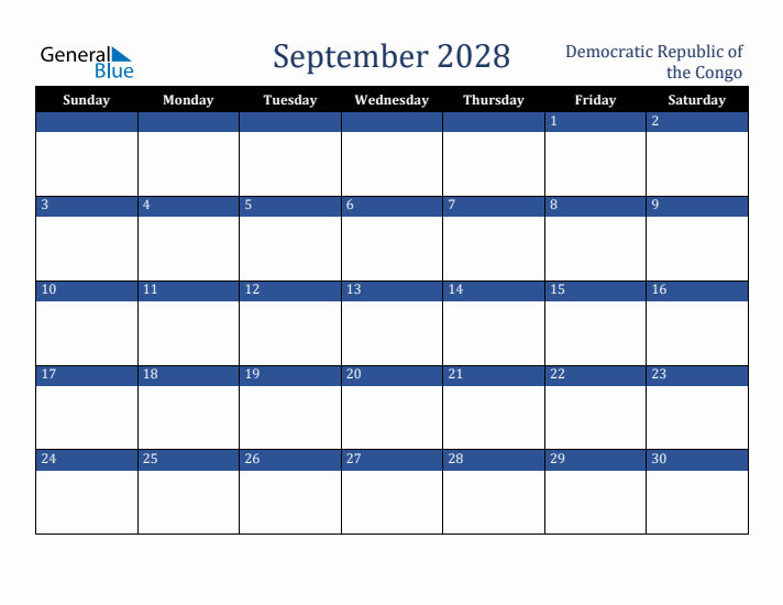 September 2028 Democratic Republic of the Congo Calendar (Sunday Start)