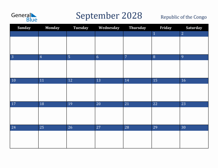 September 2028 Republic of the Congo Calendar (Sunday Start)
