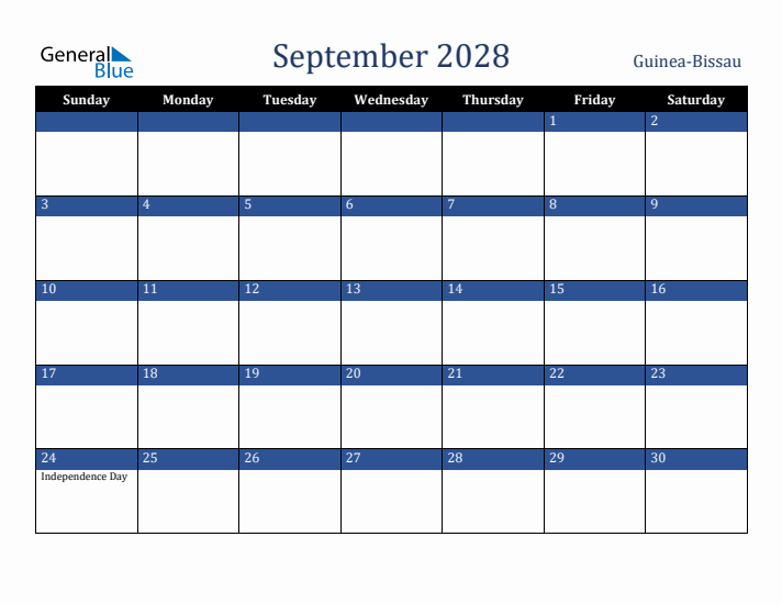 September 2028 Guinea-Bissau Calendar (Sunday Start)