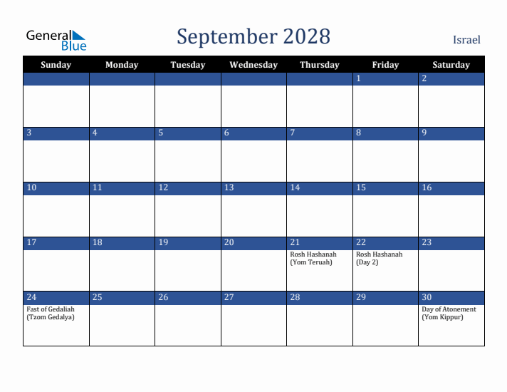 September 2028 Israel Calendar (Sunday Start)