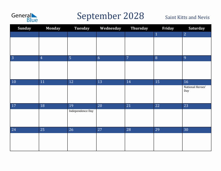 September 2028 Saint Kitts and Nevis Calendar (Sunday Start)
