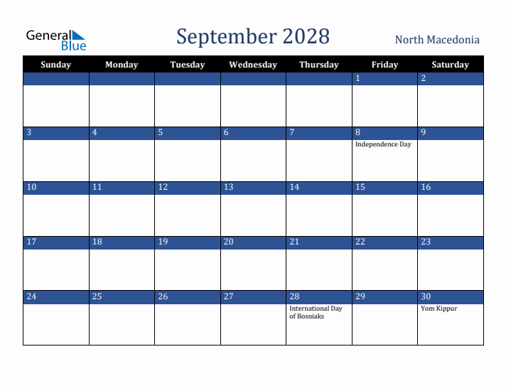 September 2028 North Macedonia Calendar (Sunday Start)