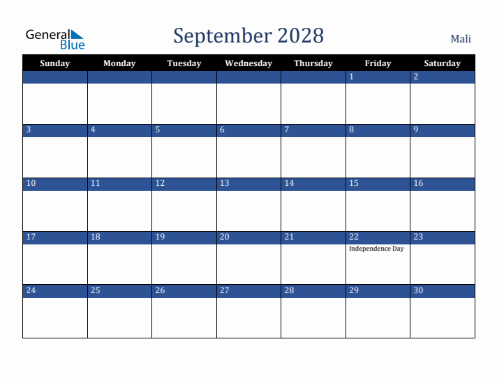 September 2028 Mali Calendar (Sunday Start)