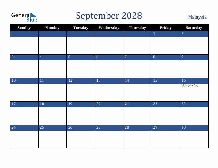September 2028 Malaysia Calendar (Sunday Start)