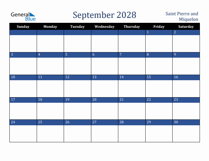 September 2028 Saint Pierre and Miquelon Calendar (Sunday Start)