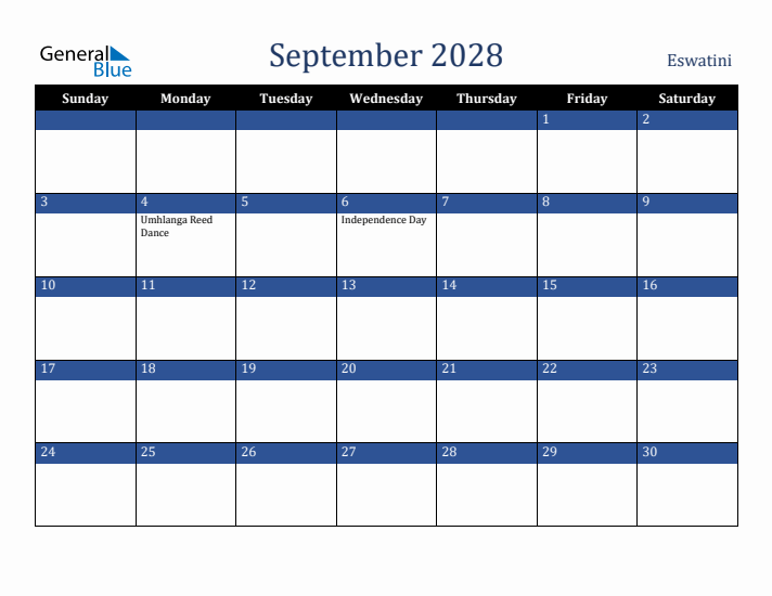 September 2028 Eswatini Calendar (Sunday Start)