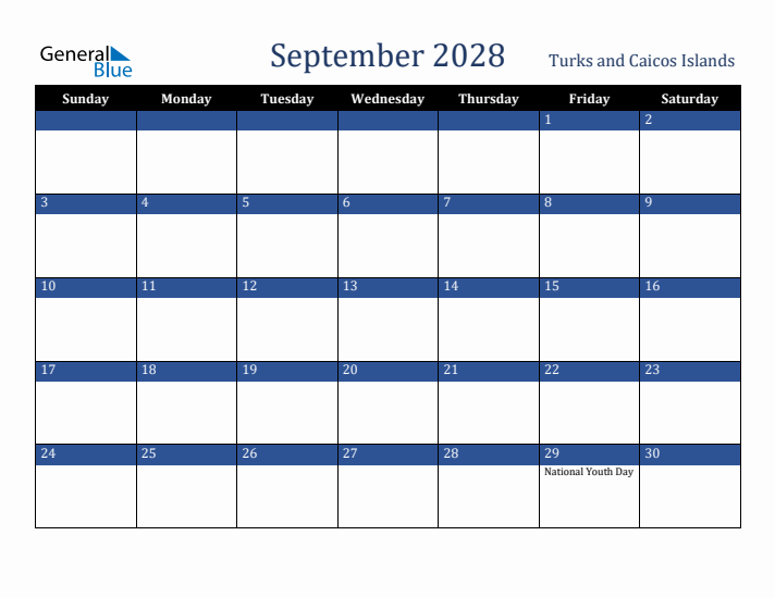 September 2028 Turks and Caicos Islands Calendar (Sunday Start)