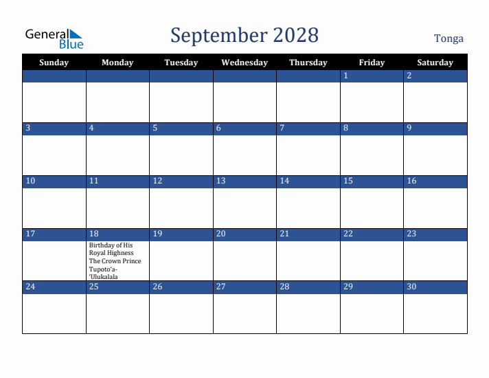 September 2028 Tonga Calendar (Sunday Start)