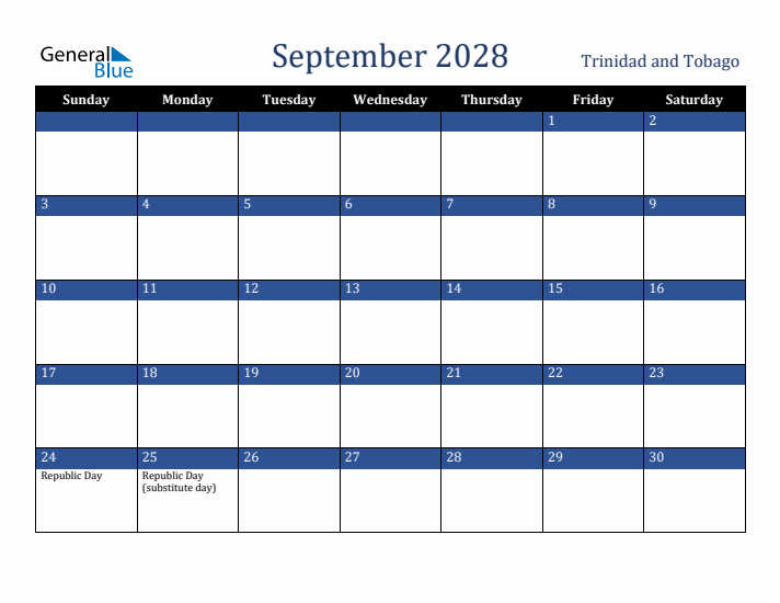 September 2028 Trinidad and Tobago Calendar (Sunday Start)