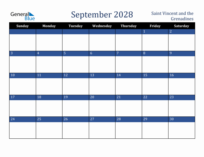 September 2028 Saint Vincent and the Grenadines Calendar (Sunday Start)