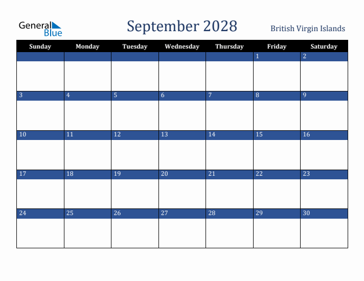 September 2028 British Virgin Islands Calendar (Sunday Start)