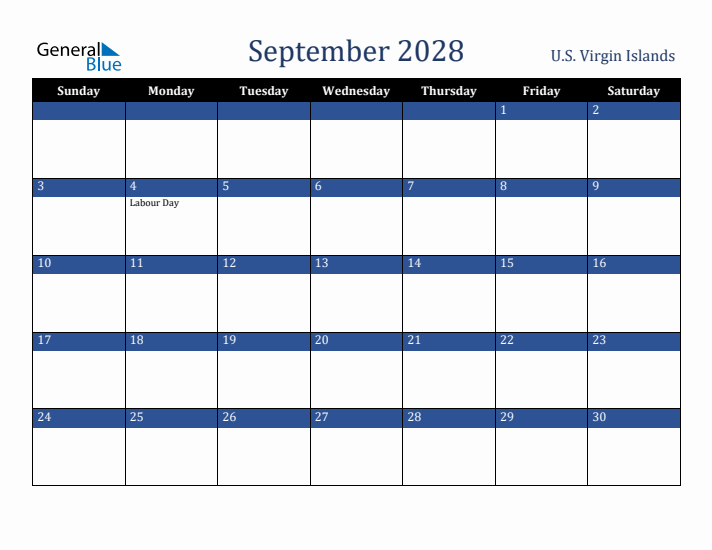 September 2028 U.S. Virgin Islands Calendar (Sunday Start)