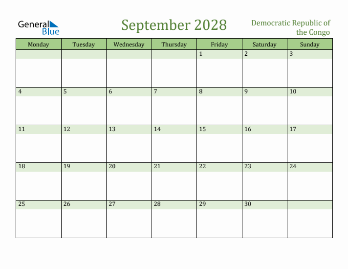 September 2028 Calendar with Democratic Republic of the Congo Holidays