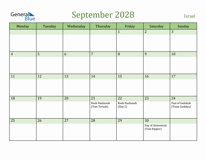 September 2028 Calendar with Israel Holidays