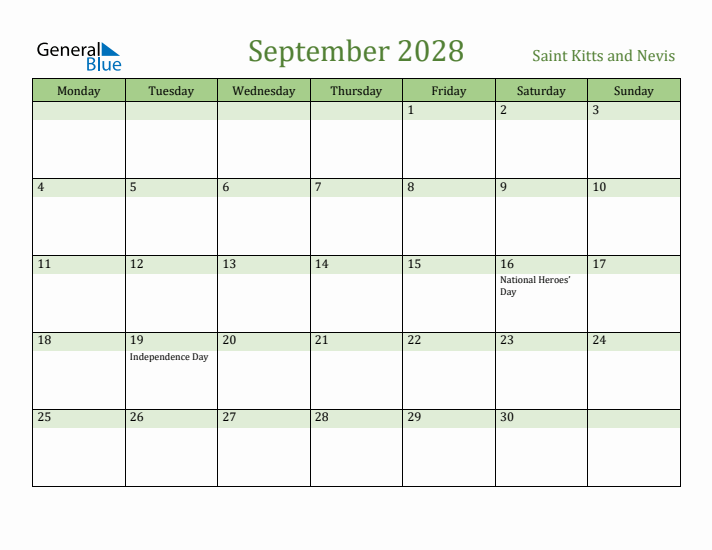 September 2028 Calendar with Saint Kitts and Nevis Holidays