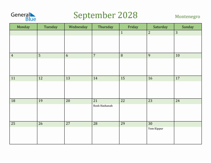 September 2028 Calendar with Montenegro Holidays