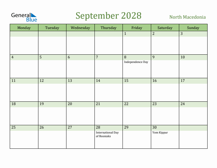 September 2028 Calendar with North Macedonia Holidays