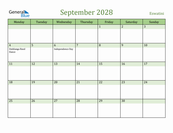 September 2028 Calendar with Eswatini Holidays