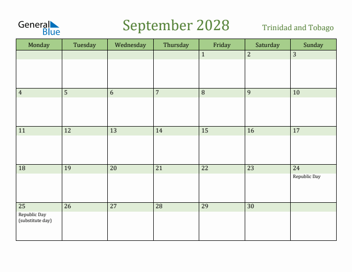 September 2028 Calendar with Trinidad and Tobago Holidays