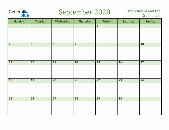 September 2028 Calendar with Saint Vincent and the Grenadines Holidays