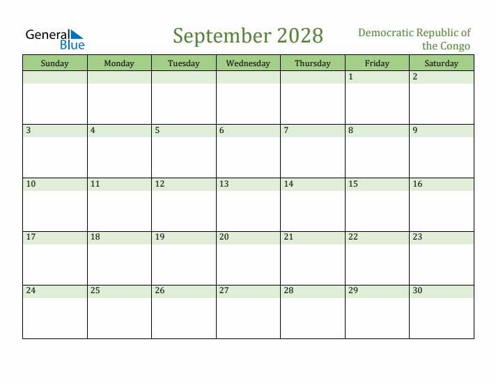 September 2028 Calendar with Democratic Republic of the Congo Holidays
