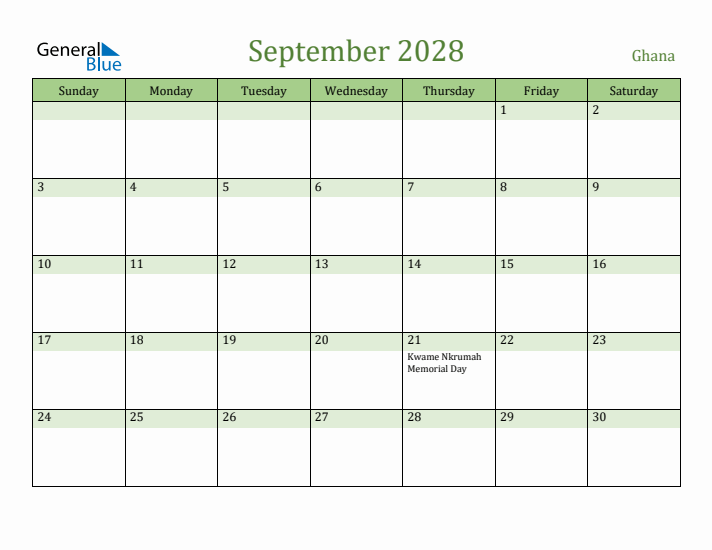 September 2028 Calendar with Ghana Holidays