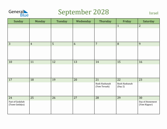 September 2028 Calendar with Israel Holidays