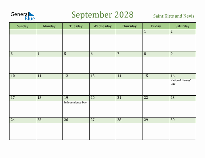 September 2028 Calendar with Saint Kitts and Nevis Holidays