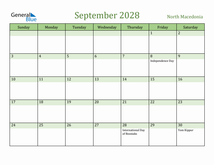 September 2028 Calendar with North Macedonia Holidays